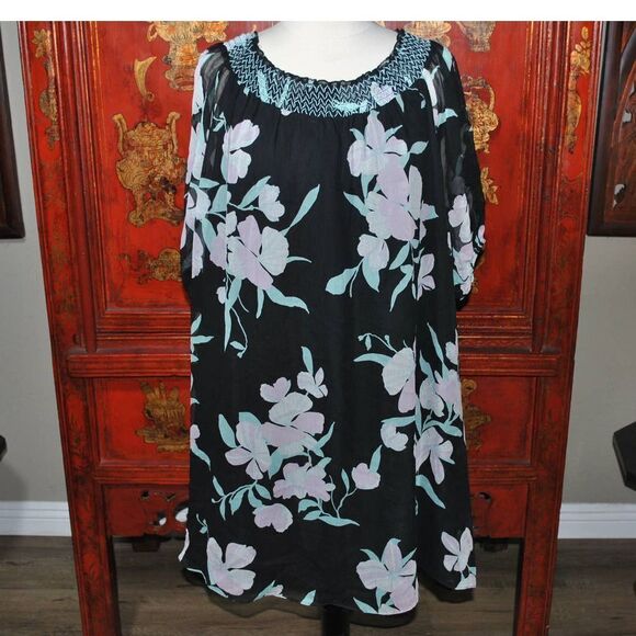 NWT Maeve Anthropology Black Pink Floral Smock Silk Dress- M - Picture 1 of 6